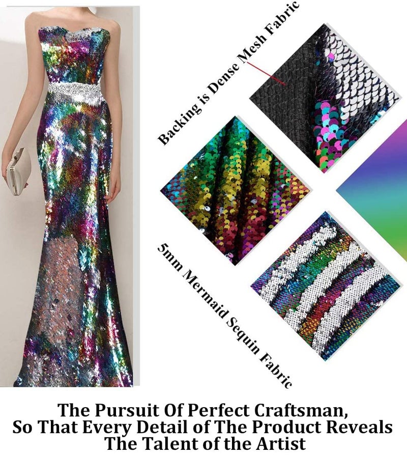Partisout Sequin Fabric Mermaid Fabrics 3 Feet 5mm Glitter Fabric Rainbow to Silver Two Tone Backdrop Decoration Reversible Material Great for Sewing Dress Wedding DIY - Image 4